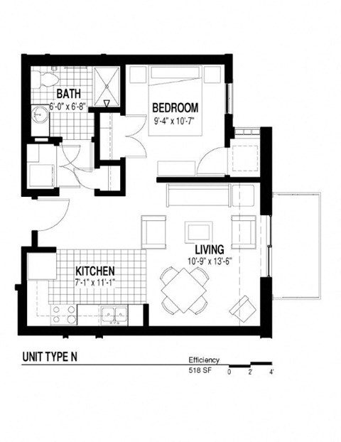Floor plan for 1 bed, 1 bath, 518 sqft