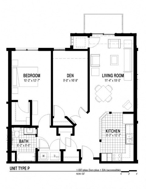 Floor plan for 1 bed, 1 bath, 939 sqft