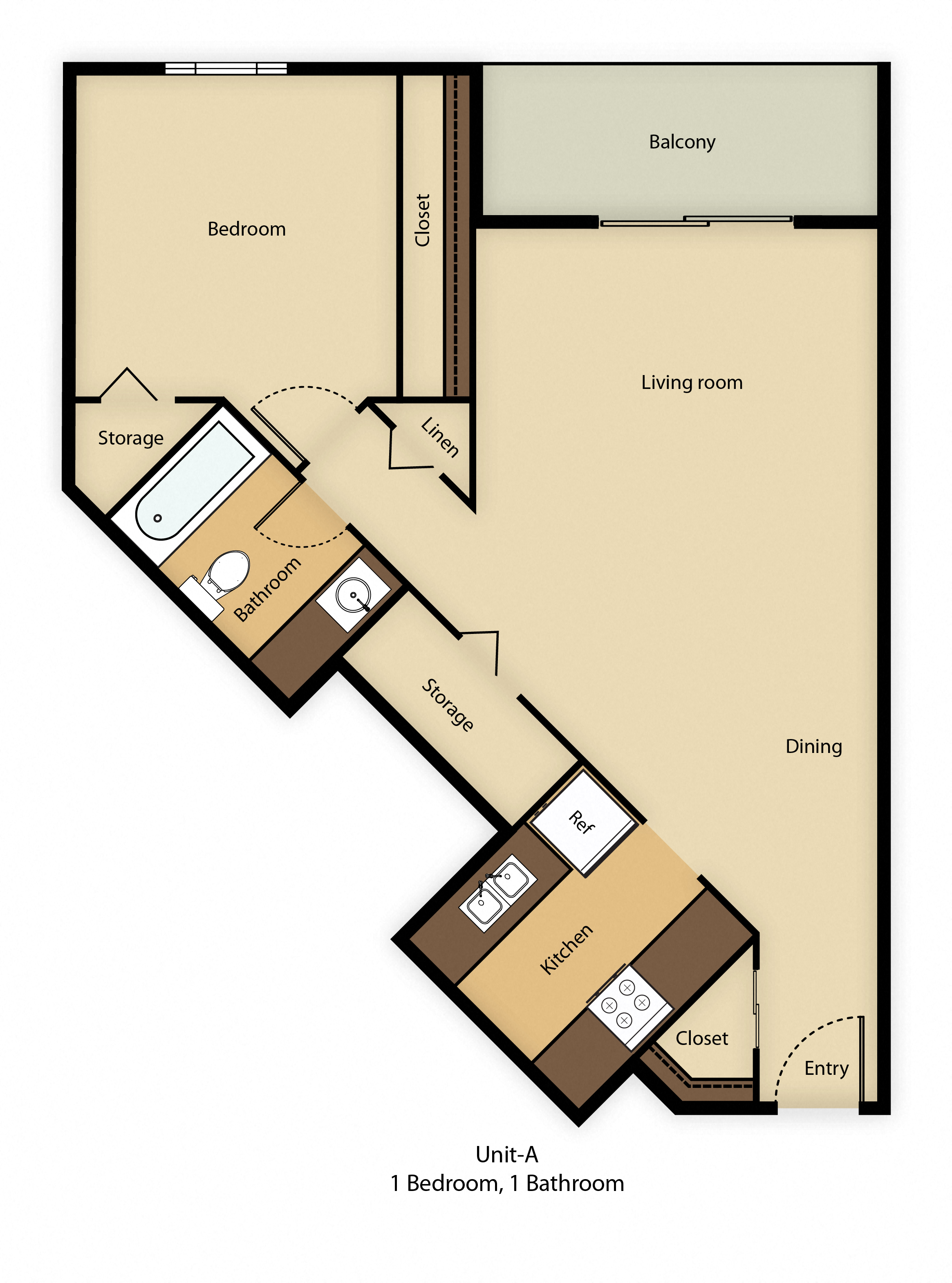 Floor plan for 1 bed, 1 bath, 640 sqft