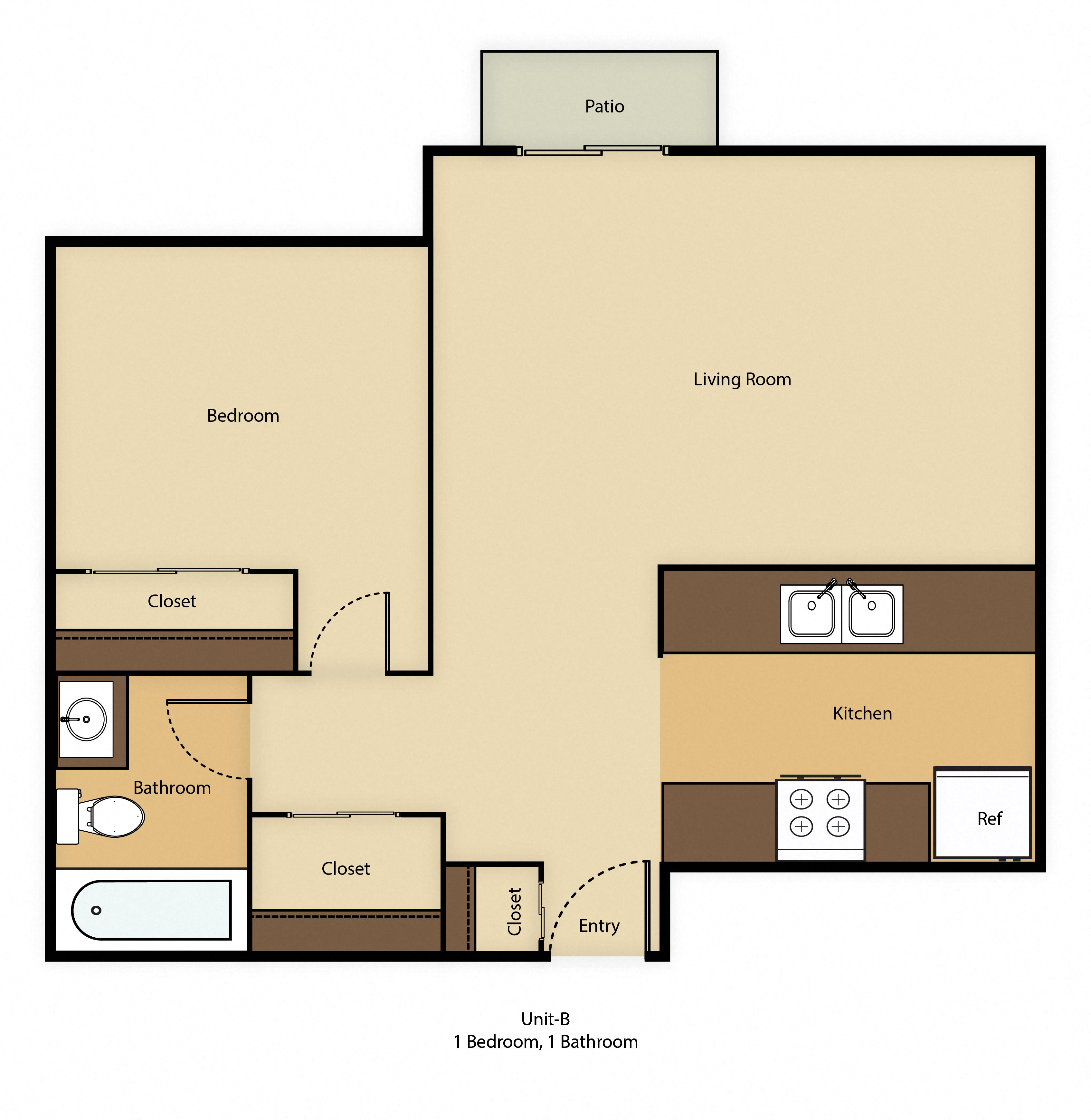 Floor plan for 1 bed, 1 bath, 620 sqft