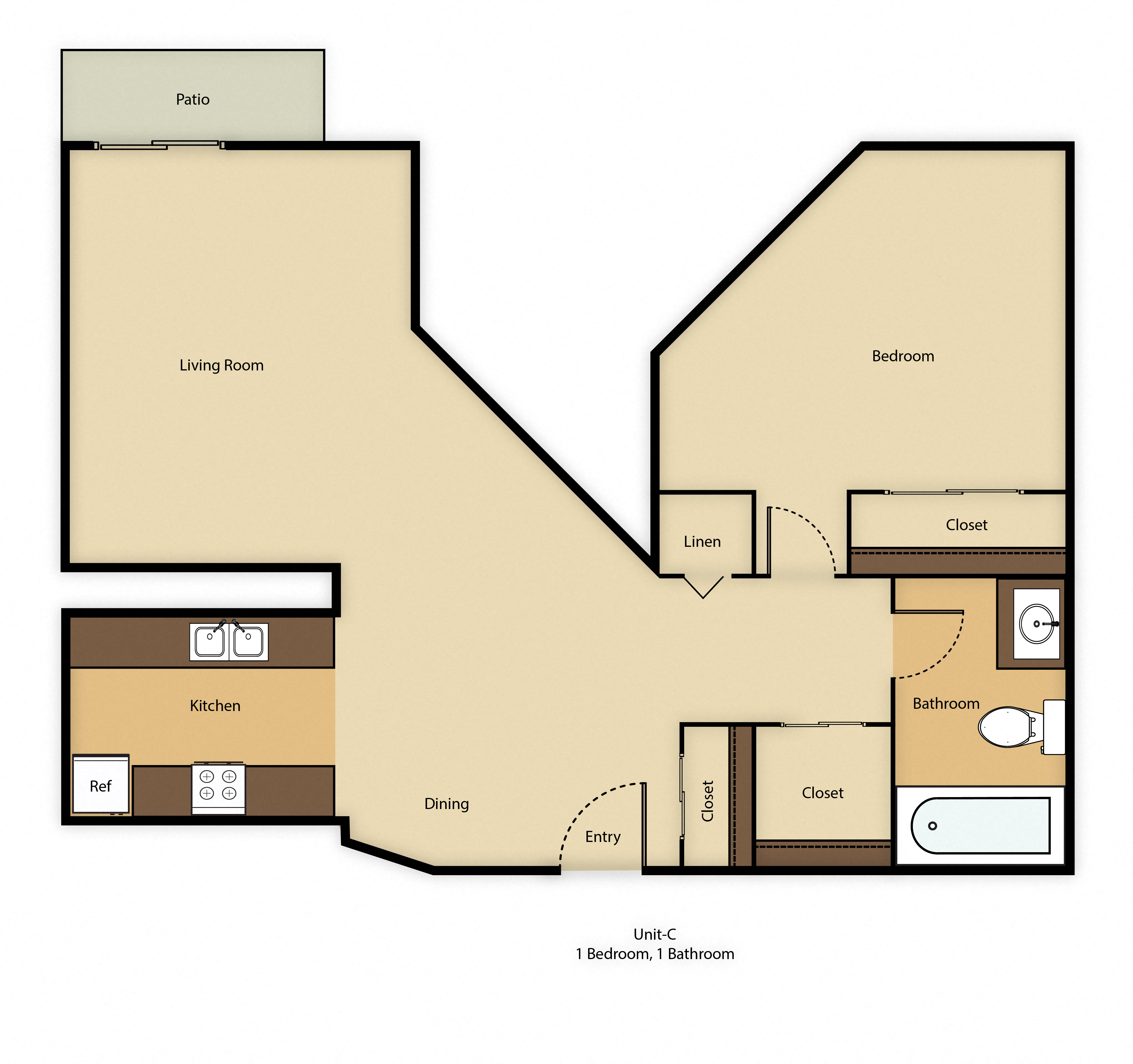 Floor plan for 1 bed, 1 bath, 600 sqft