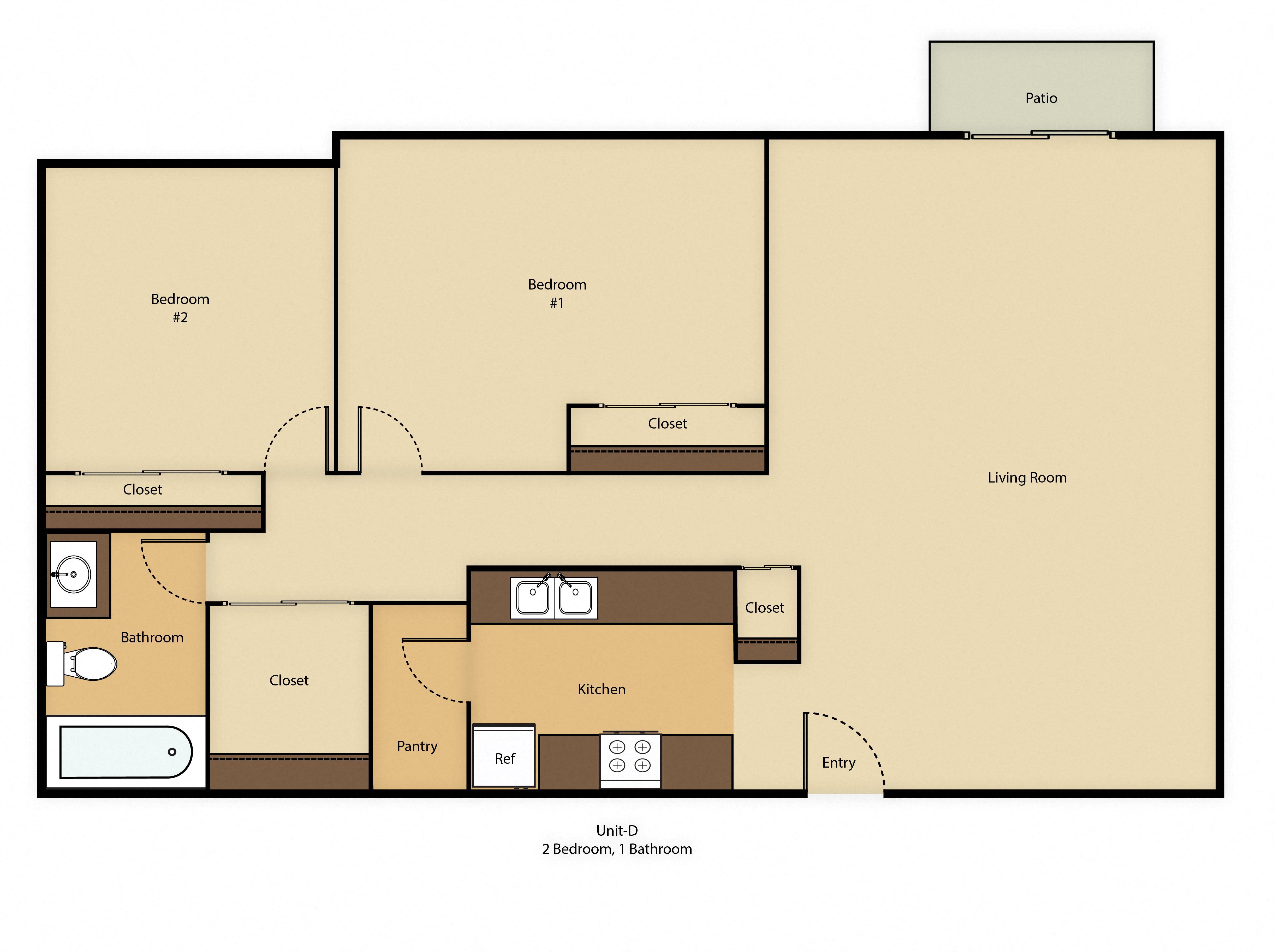 Floor plan for 2 beds, 1 bath, 840 sqft