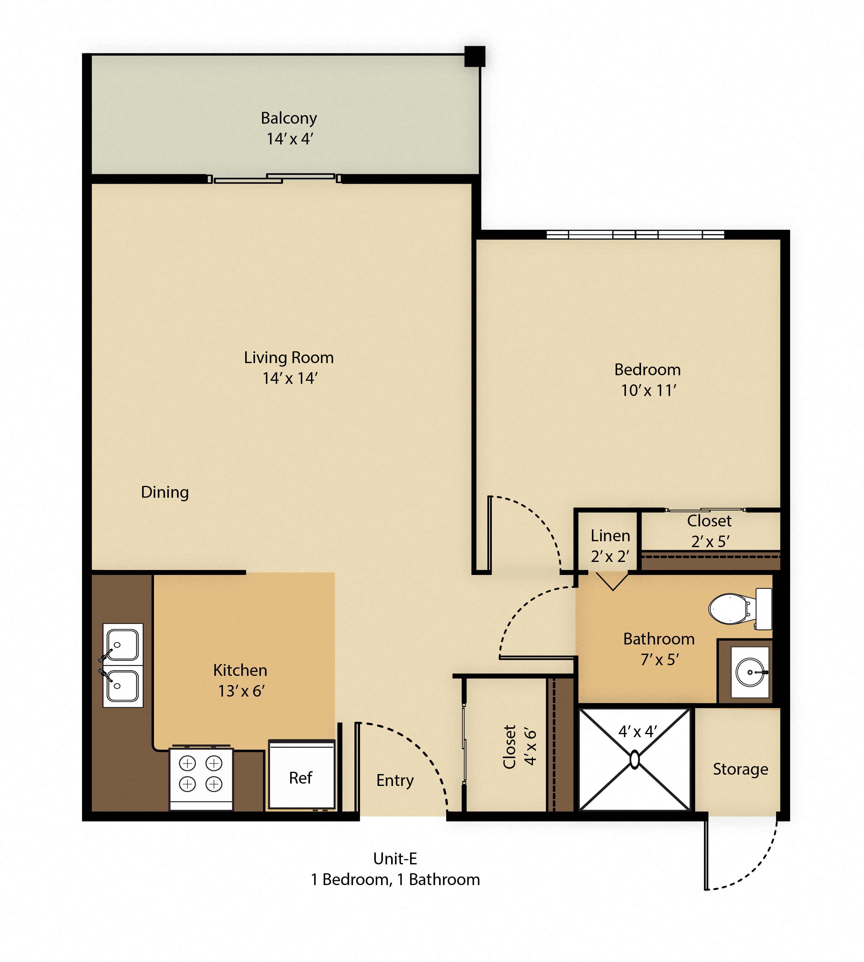 Floor plan for 1 bed, 1 bath, 600 sqft