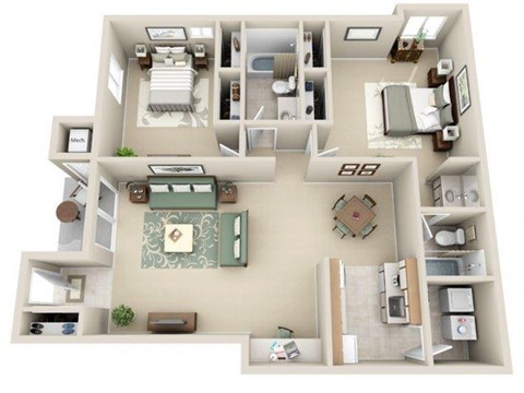 Floor plan for 2 beds, 2 baths, 1250 sqft