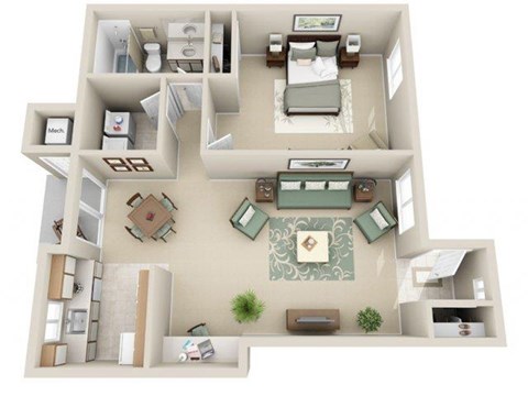 Floor plan for 1 bed, 1 bath, 880 sqft