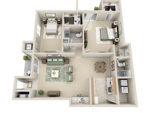 Floor plan for 2 beds, 2 baths, 1300 sqft