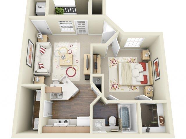 Floor plan for 1 bed, 1 bath, 593 sqft