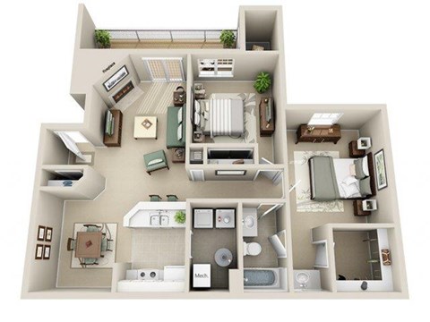 Floor plan for 2 beds, 1 bath, 937 sqft