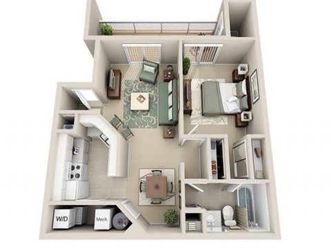 Floor plan for 1 bed, 1 bath, 662 sqft