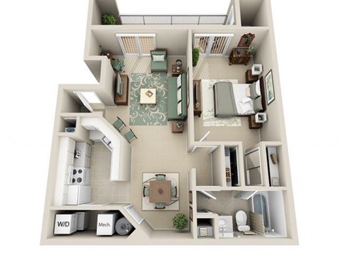Floor plan for 1 bed, 1 bath, 730 sqft