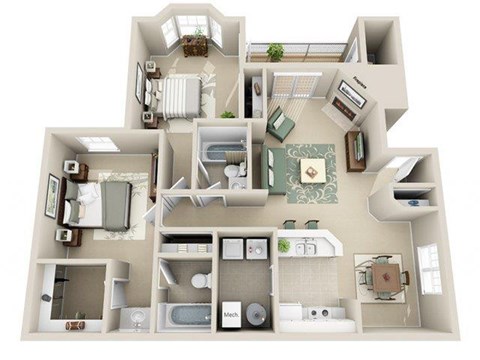 Floor plan for 2 beds, 2 baths, 1028 sqft