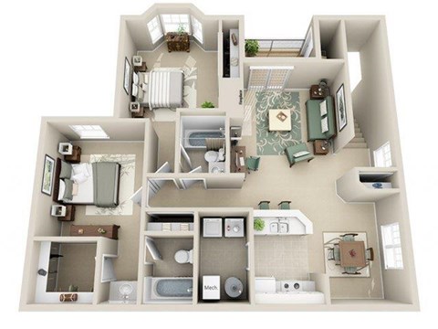 Floor plan for 2 beds, 2 baths, 1037 sqft