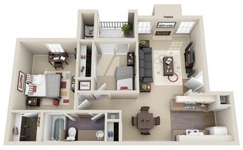 Floor plan for 2 beds, 1 bath, 763 sqft