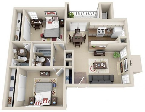 Floor plan for 2 beds, 2 baths, 840 sqft