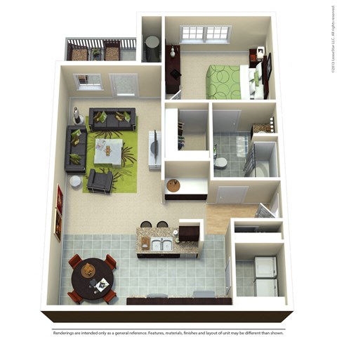 Floor plan for 1 bed, 1 bath, 834 sqft