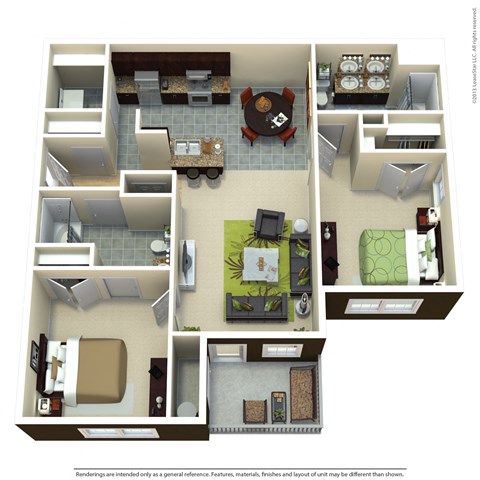 Floor plan for 2 beds, 2 baths, 1127 sqft