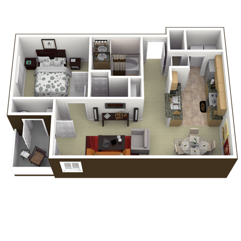 Floor plan for 1 bed, 1 bath, 769 sqft