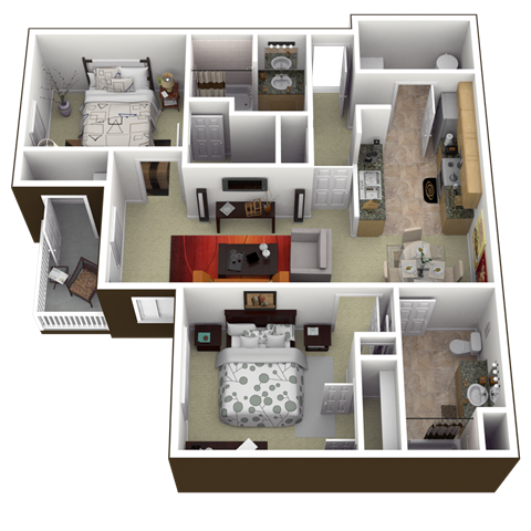 Floor plan for 2 beds, 2 baths, 1056 sqft