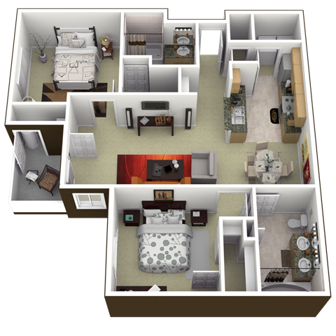Floor plan for 2 beds, 2 baths, 1105 sqft
