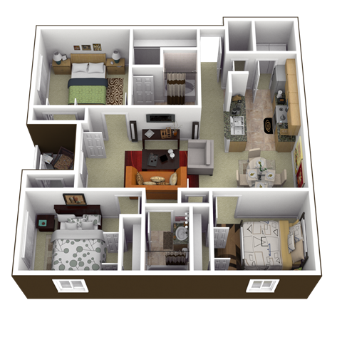 Floor plan for 3 beds, 2 baths, 1240 sqft
