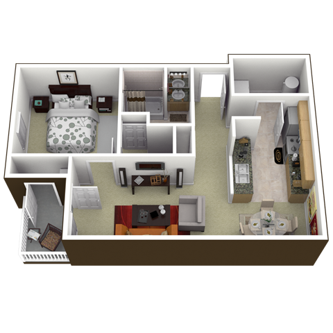 Floor plan for 1 bed, 1 bath, 763 sqft