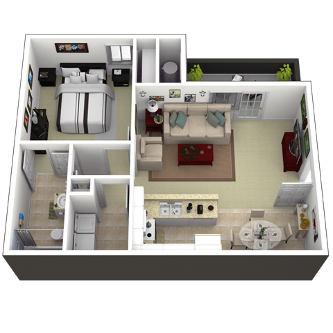Floor plan for 1 bed, 1 bath, 648 sqft