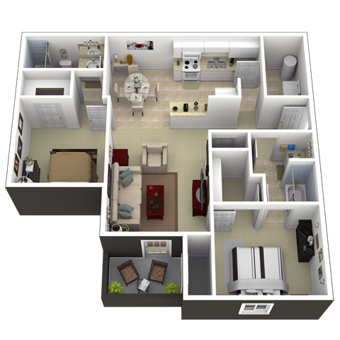 Floor plan for 2 beds, 2 baths, 1069 sqft