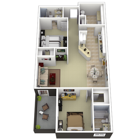 Floor plan for 2 beds, 2 baths, 1168 sqft