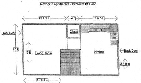 Floor plan for 2 beds, 1 bath, 1383 sqft