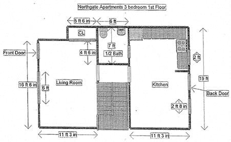 Floor plan for 3 beds, 1.5 baths, 1750 sqft