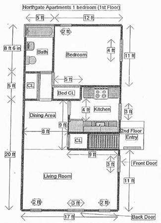 Floor plan for 1 bed, 1 bath, 777 sqft