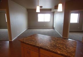 Fargo apartment for rent - an empty living room with a marble counter top
