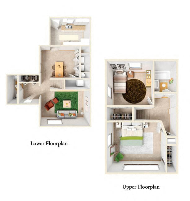 Floor plan for 2 beds, 1.5 baths, 996 sqft