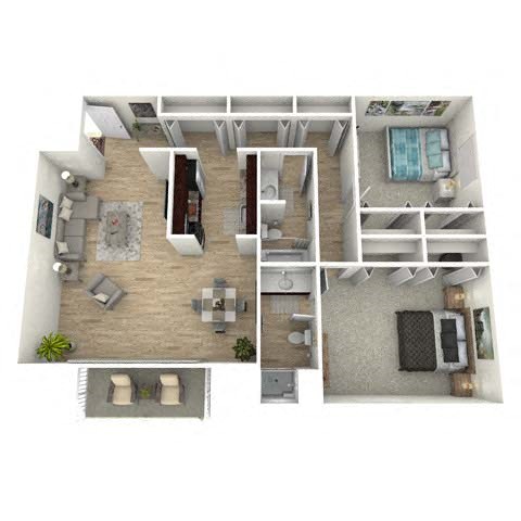 Floor plan for 2 beds, 2 baths, 1300 sqft