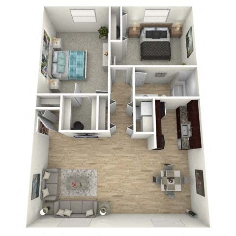 Floor plan for 2 beds, 1 bath, 1050 sqft