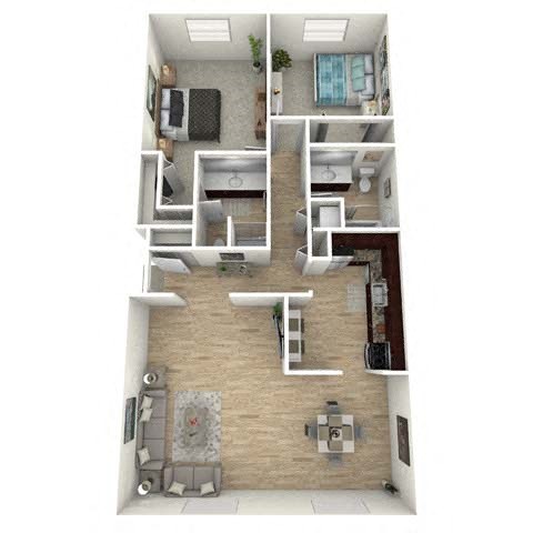 Floor plan for 2 beds, 2 baths, 1300 sqft