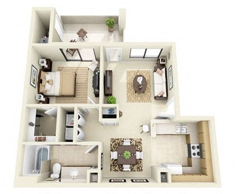 Floor plan for 1 bed, 1 bath, 727 sqft