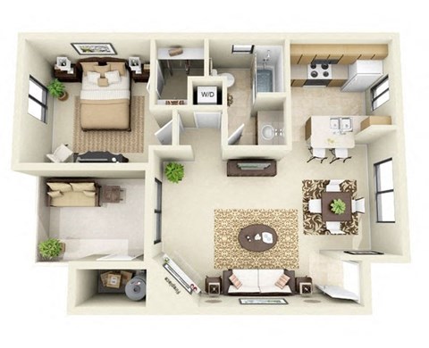 Floor plan for 1 bed, 1 bath, 710 sqft