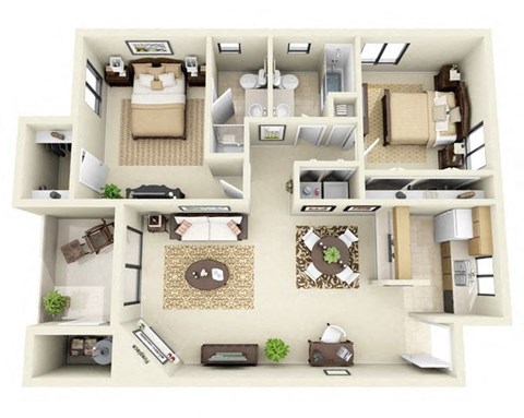 Floor plan for 2 beds, 2 baths, 940 sqft