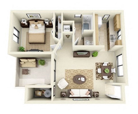 Floor plan for 1 bed, 1 bath, 640 sqft