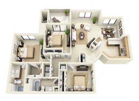 Floor plan for 3 beds, 2 baths, 1206 sqft