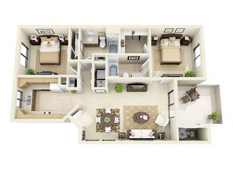 Floor plan for 2 beds, 2 baths, 1067 sqft