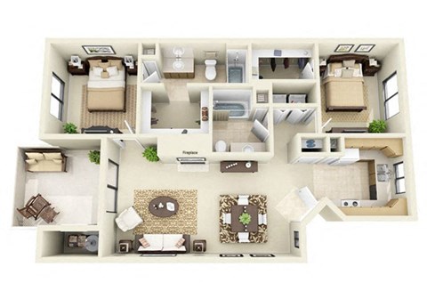 Floor plan for 2 beds, 2 baths, 1013 sqft