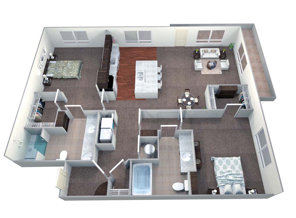 Floor plan for 2 beds, 2 baths, 1411 sqft