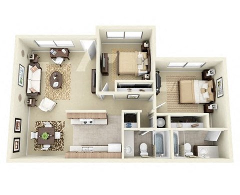 Floor plan for 2 beds, 2 baths, 905 sqft