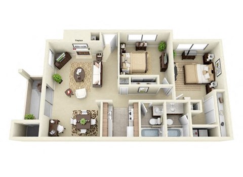 Floor plan for 2 beds, 2 baths, 1015 sqft
