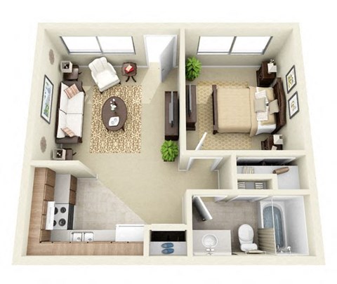 Floor plan for 1 bed, 1 bath, 528 sqft