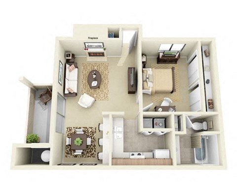 Floor plan for 1 bed, 1 bath, 696 sqft