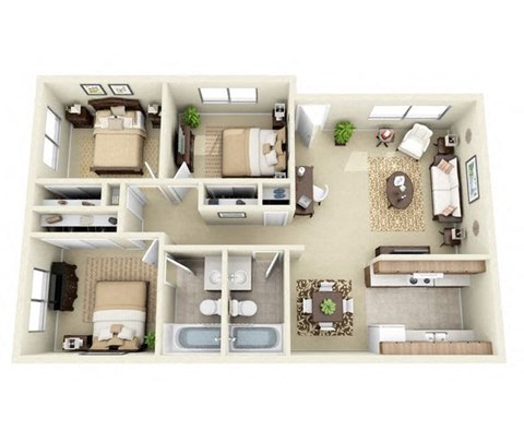 Floor plan for 3 beds, 2 baths, 986 sqft