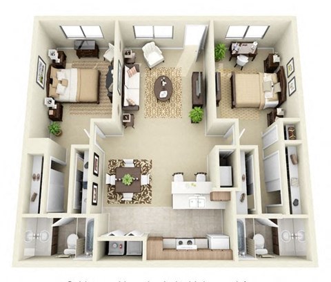 Floor plan for 2 beds, 2 baths, 1055 sqft